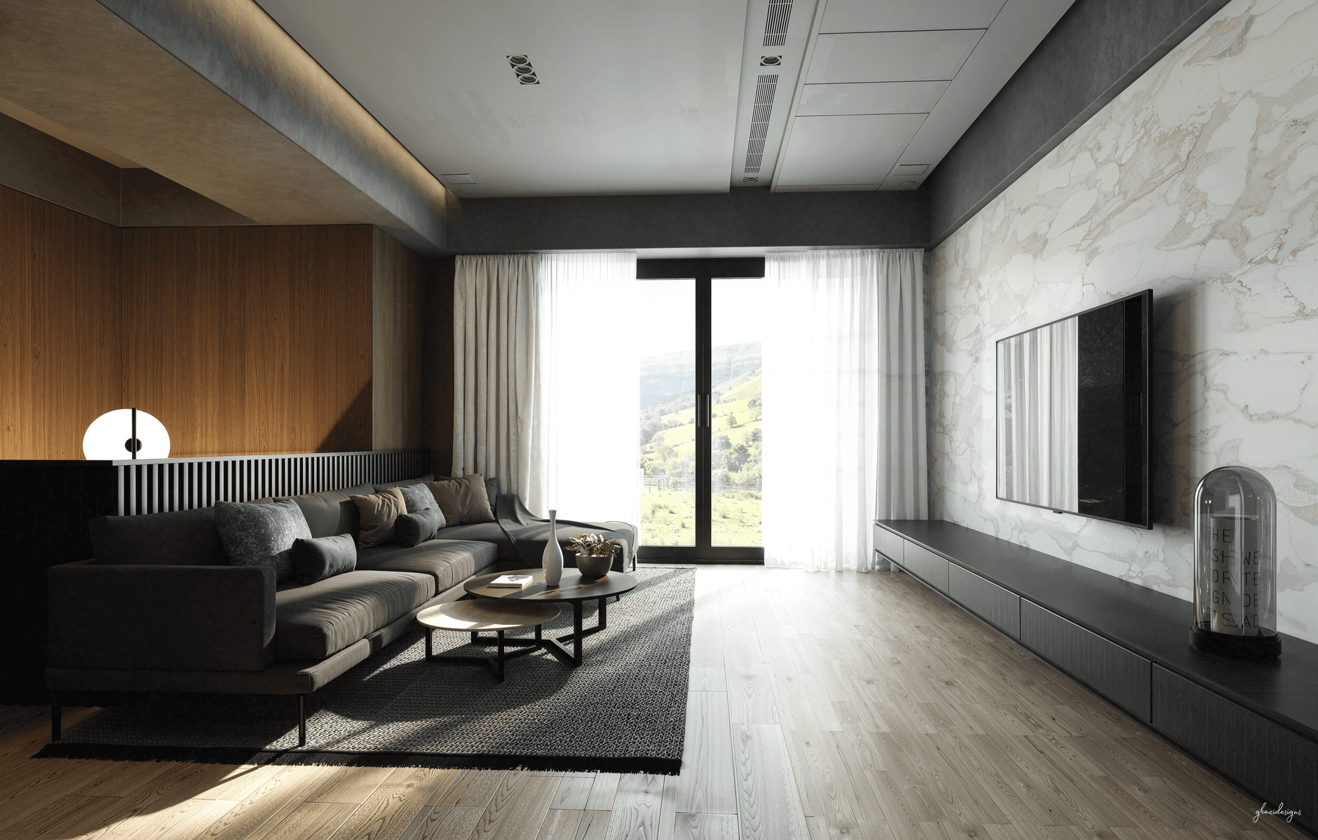 Spacious modern living room featuring a scenic landscape view through large windows.